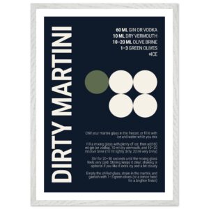 Typography print poster on deep navy background with cocktail recipe.