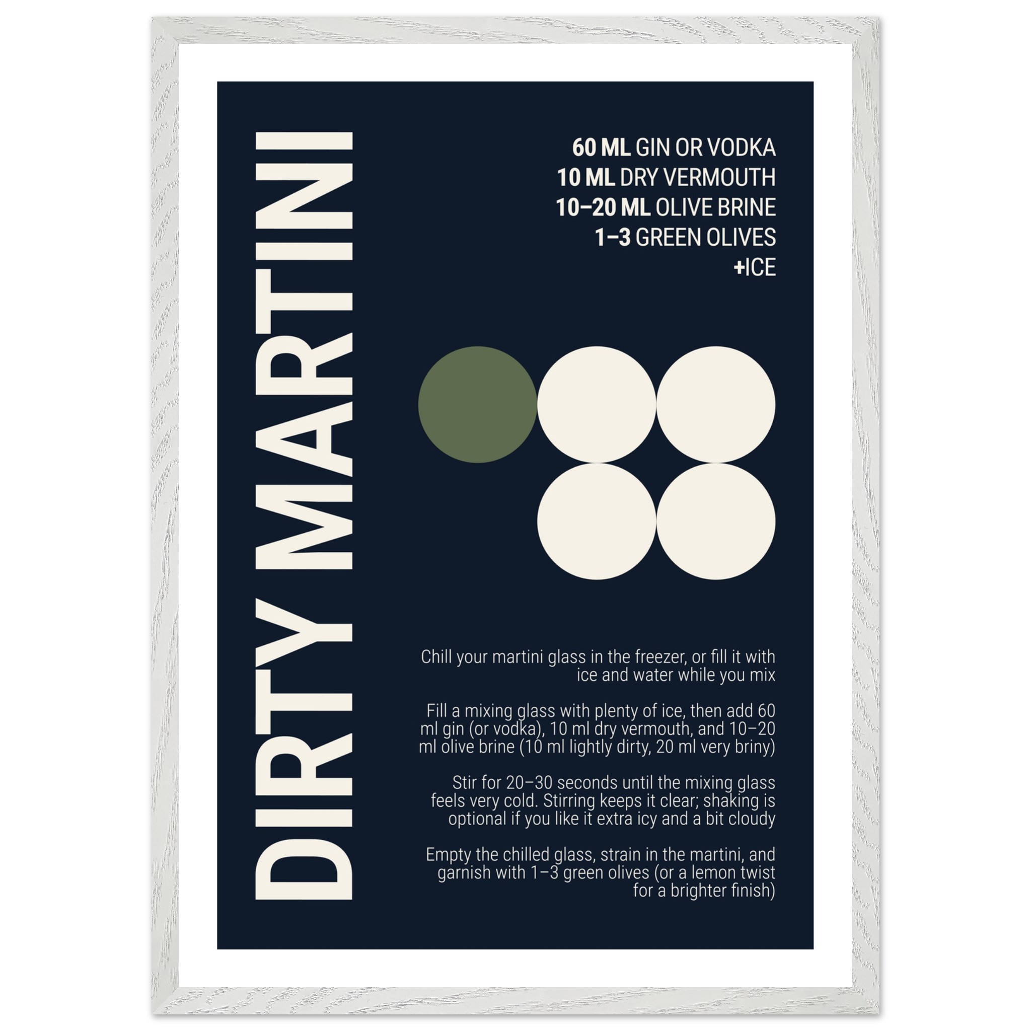 Typography print poster on deep navy background with cocktail recipe.