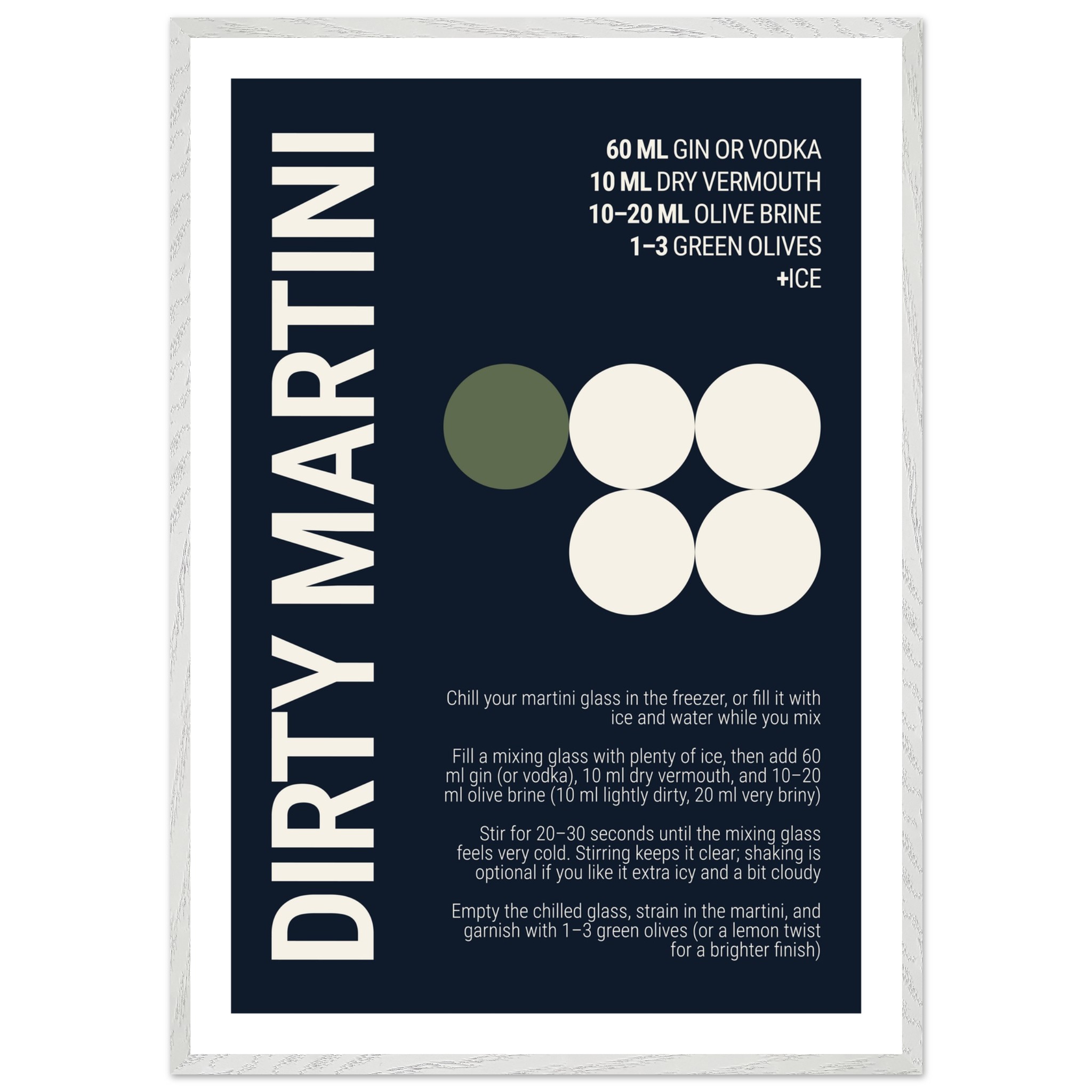Typography print poster featuring cocktail recipe on deep navy background.