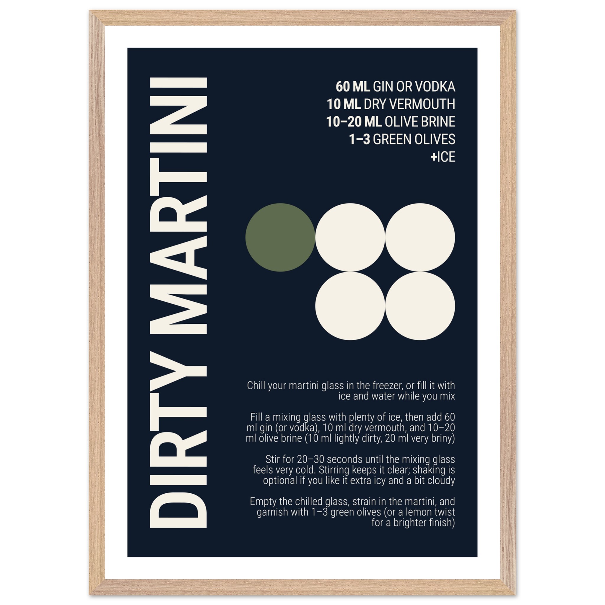 Typography poster with "Dirty Martini" recipe on deep navy background.
