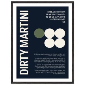 Typography print poster featuring cocktail ingredients on a deep navy background.
