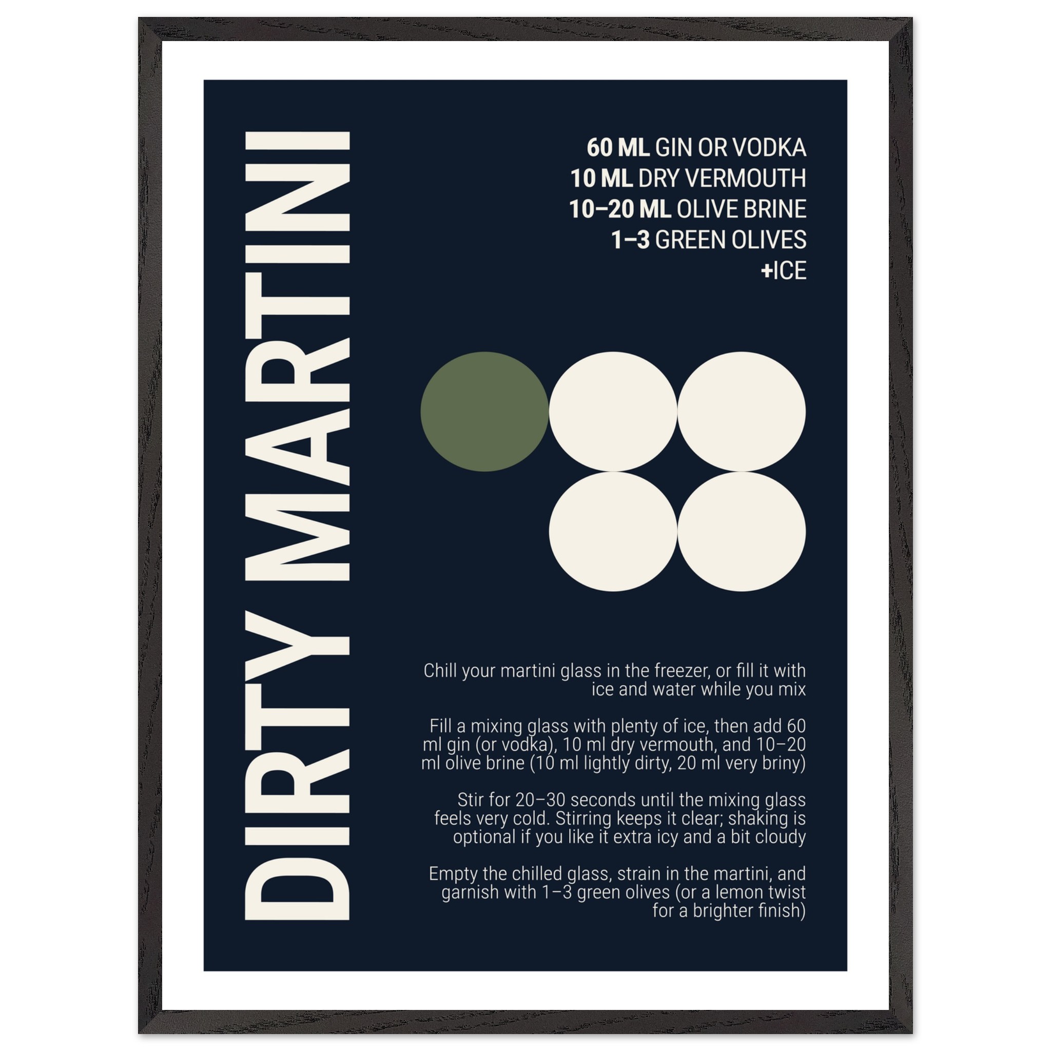Typography print poster featuring cocktail ingredients on a deep navy background.