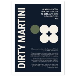 Typography print poster displaying a dirty martini recipe on a deep navy background.