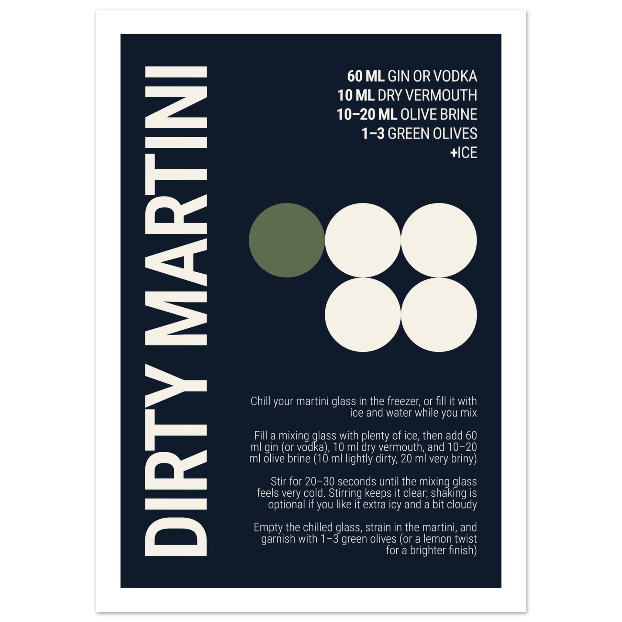 Typography print poster displaying a dirty martini recipe on a deep navy background.