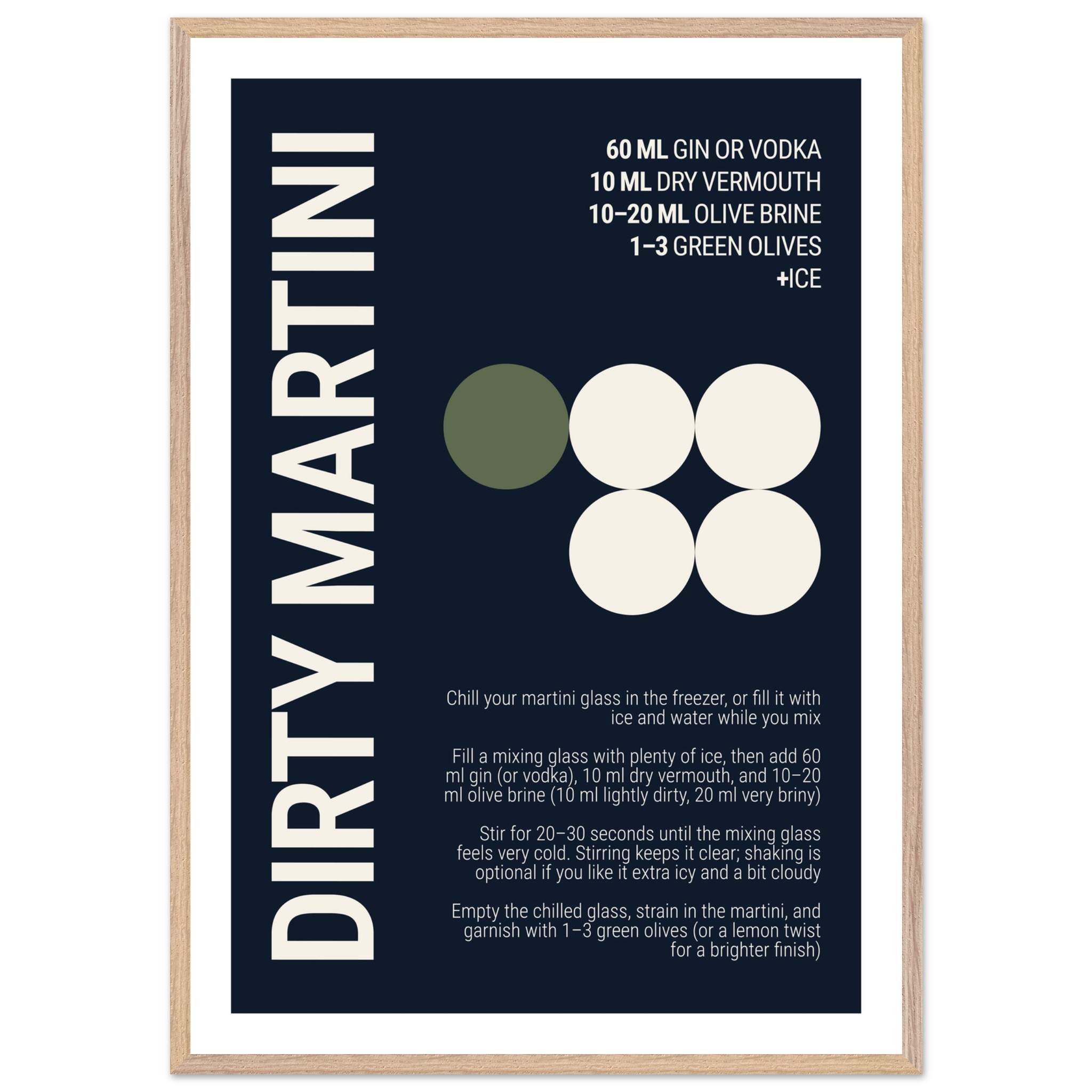 Typography print poster with deep navy background and cocktail recipe details.