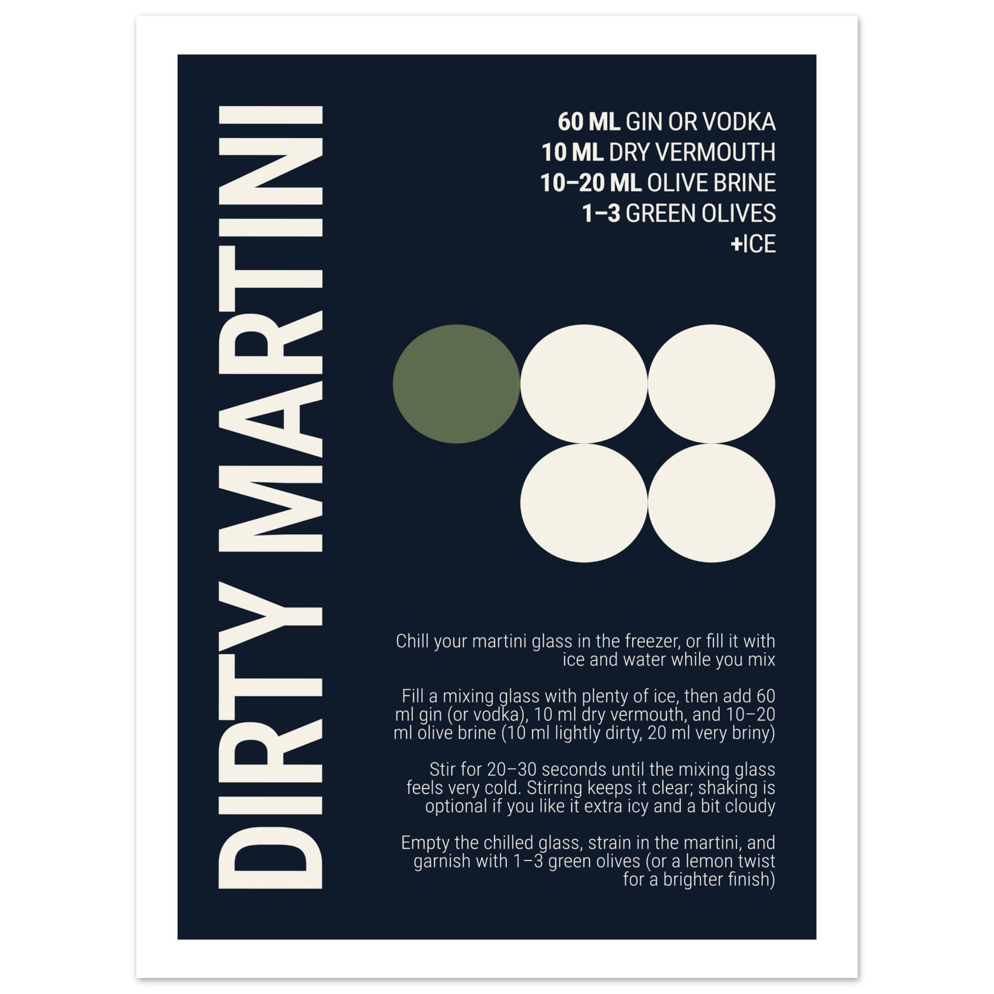 Typography print poster with a deep navy background, recipe for a Dirty Martini.