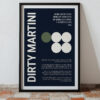 Typography print poster featuring a dirty martini recipe on deep navy background.