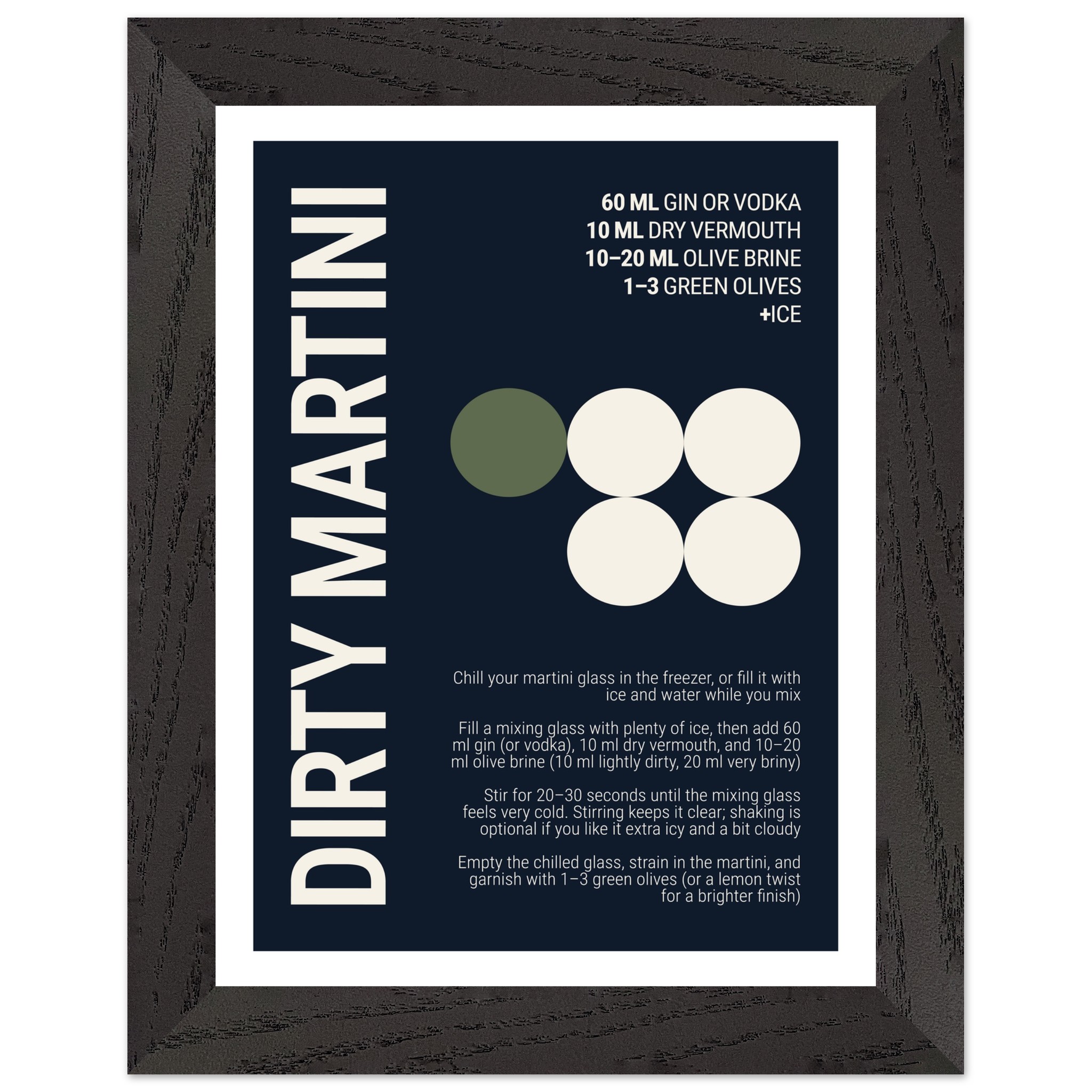 Typography print poster with recipe for Dirty Martini on deep navy background.