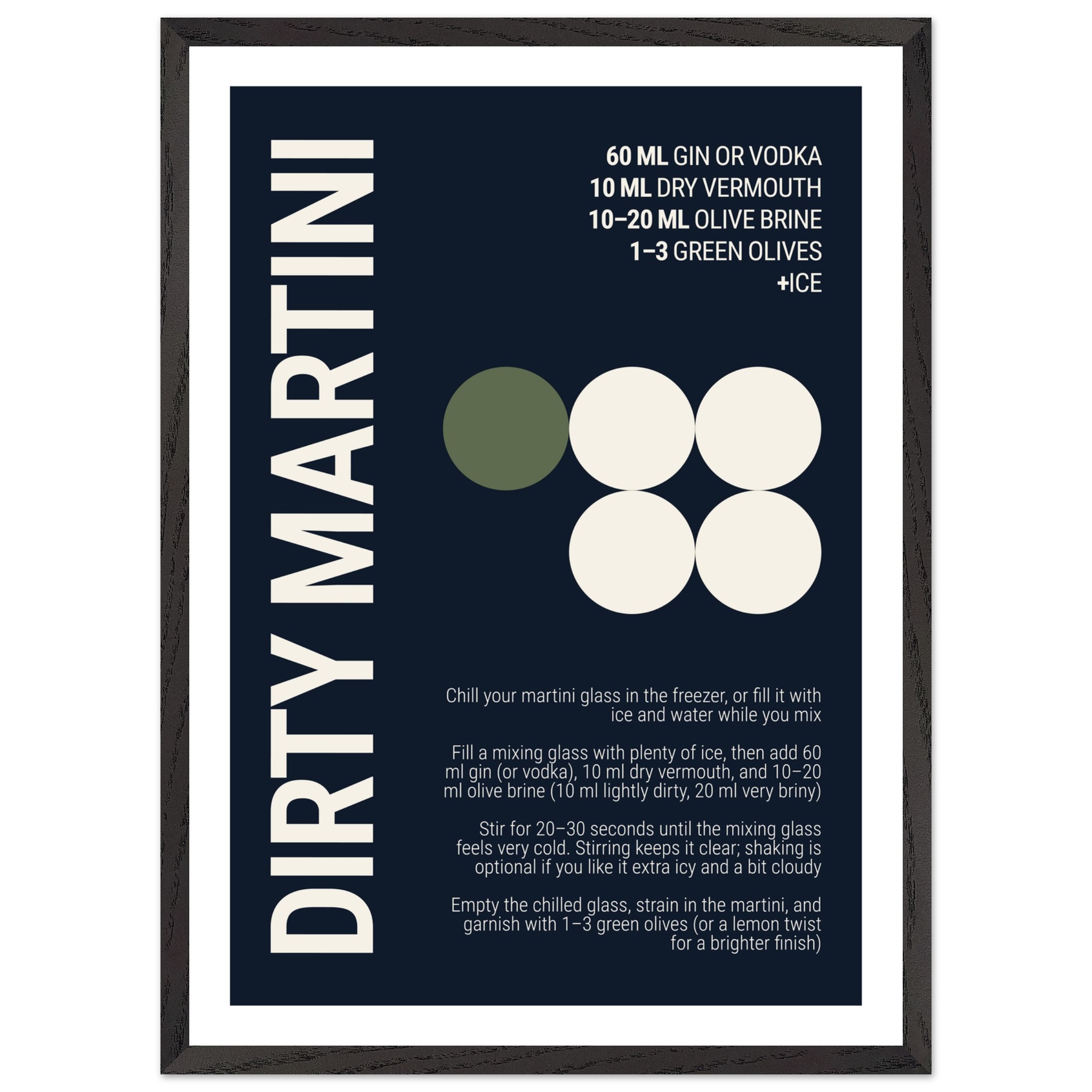 Typography print poster with text and colored circles on deep navy background.