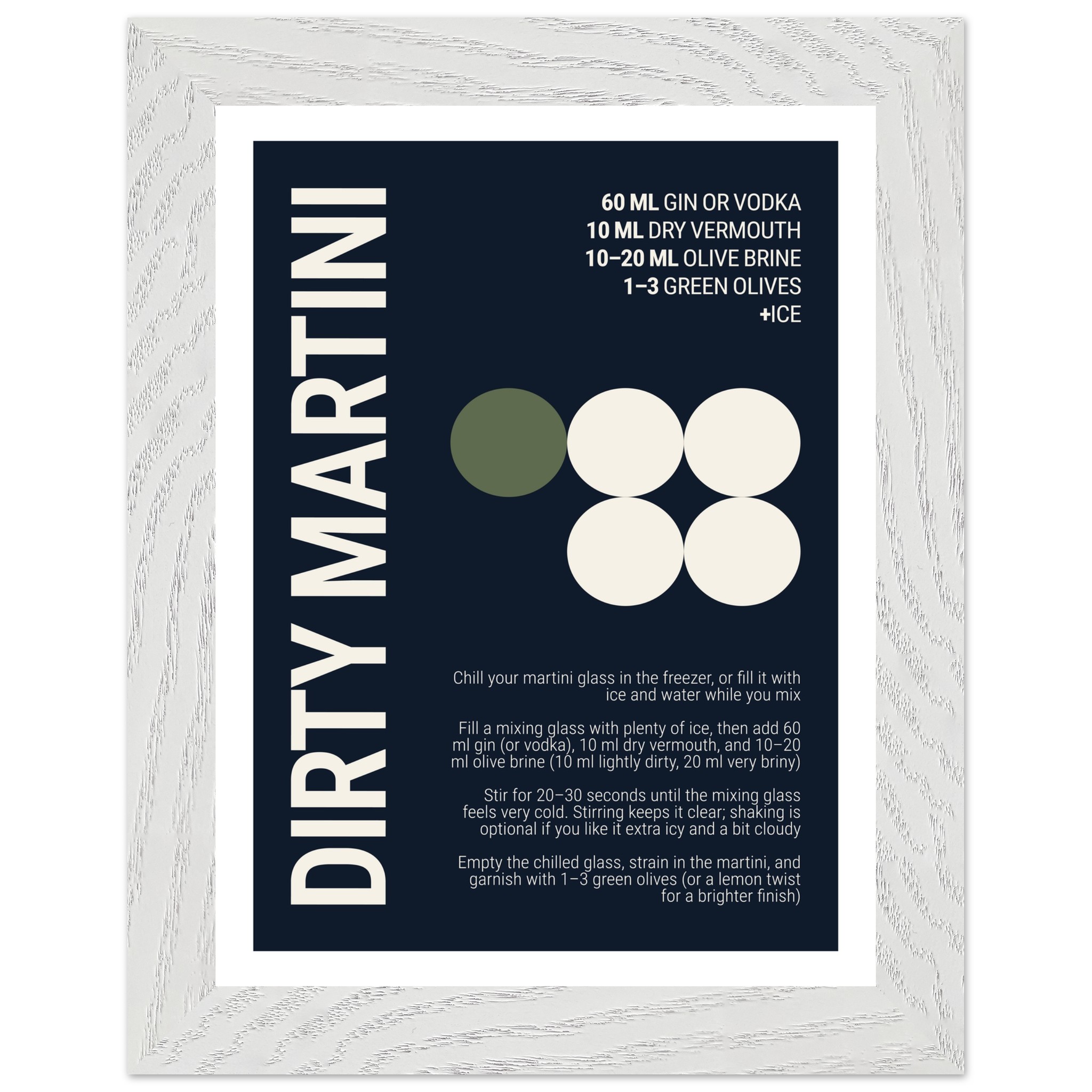Deep navy poster with recipe for Dirty Martini cocktail and graphic elements.