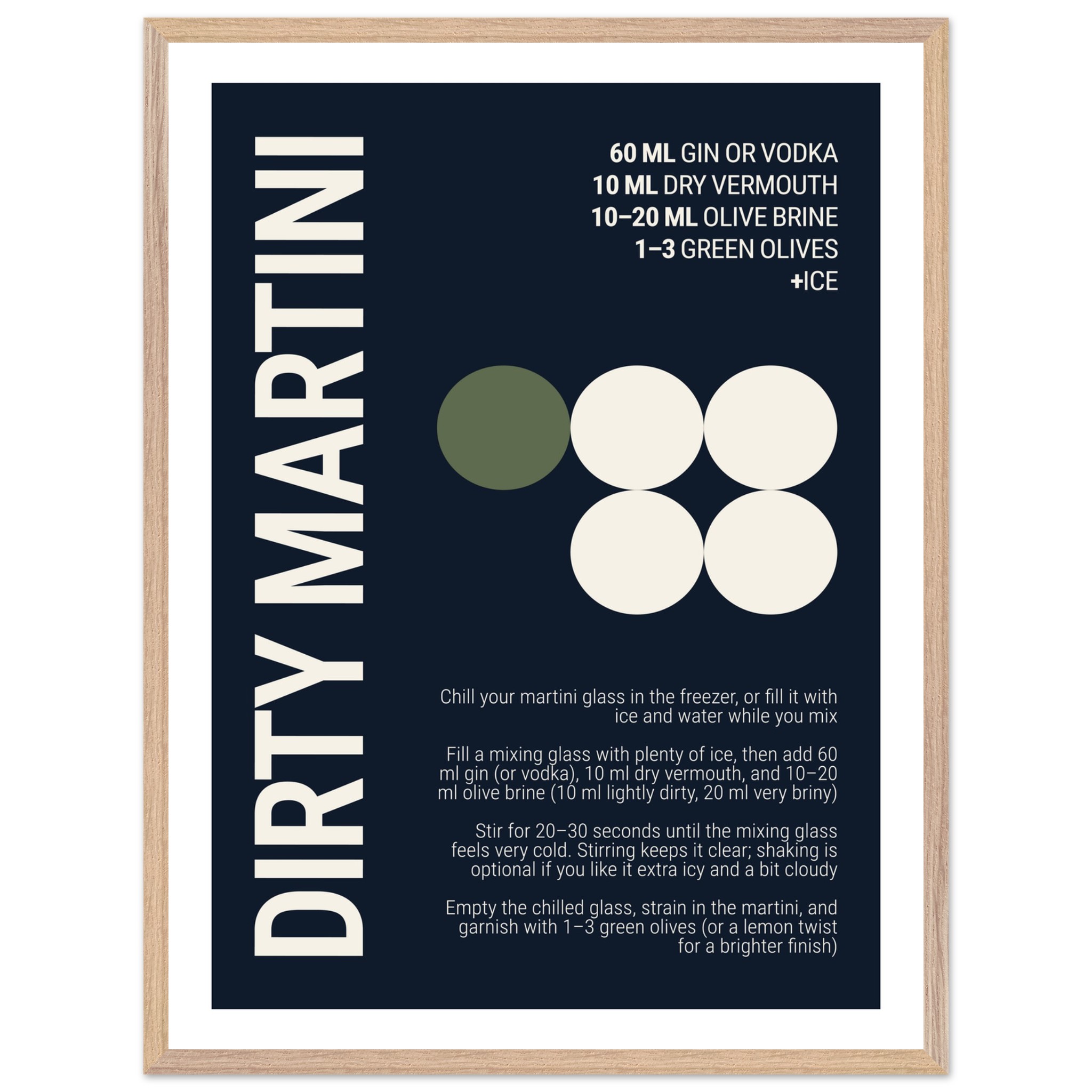 Dark navy poster featuring "Dirty Martini" text and cocktail ingredients.