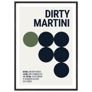 A framed poster featuring a minimalist design with text and circles representing a dirty martini recipe.