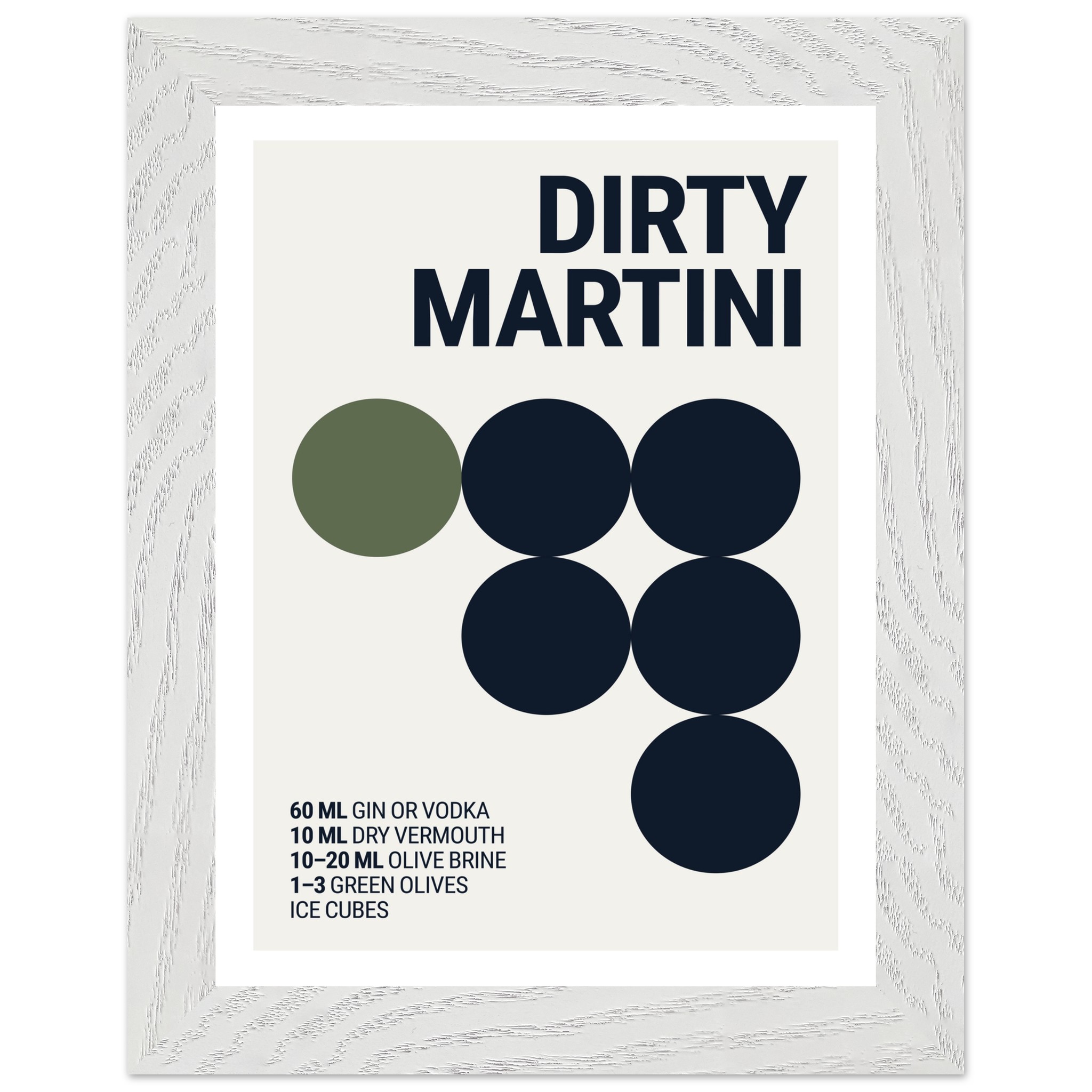 Typography print poster featuring the text "Dirty Martini" and cocktail ingredients in a modern design with circular graphics.