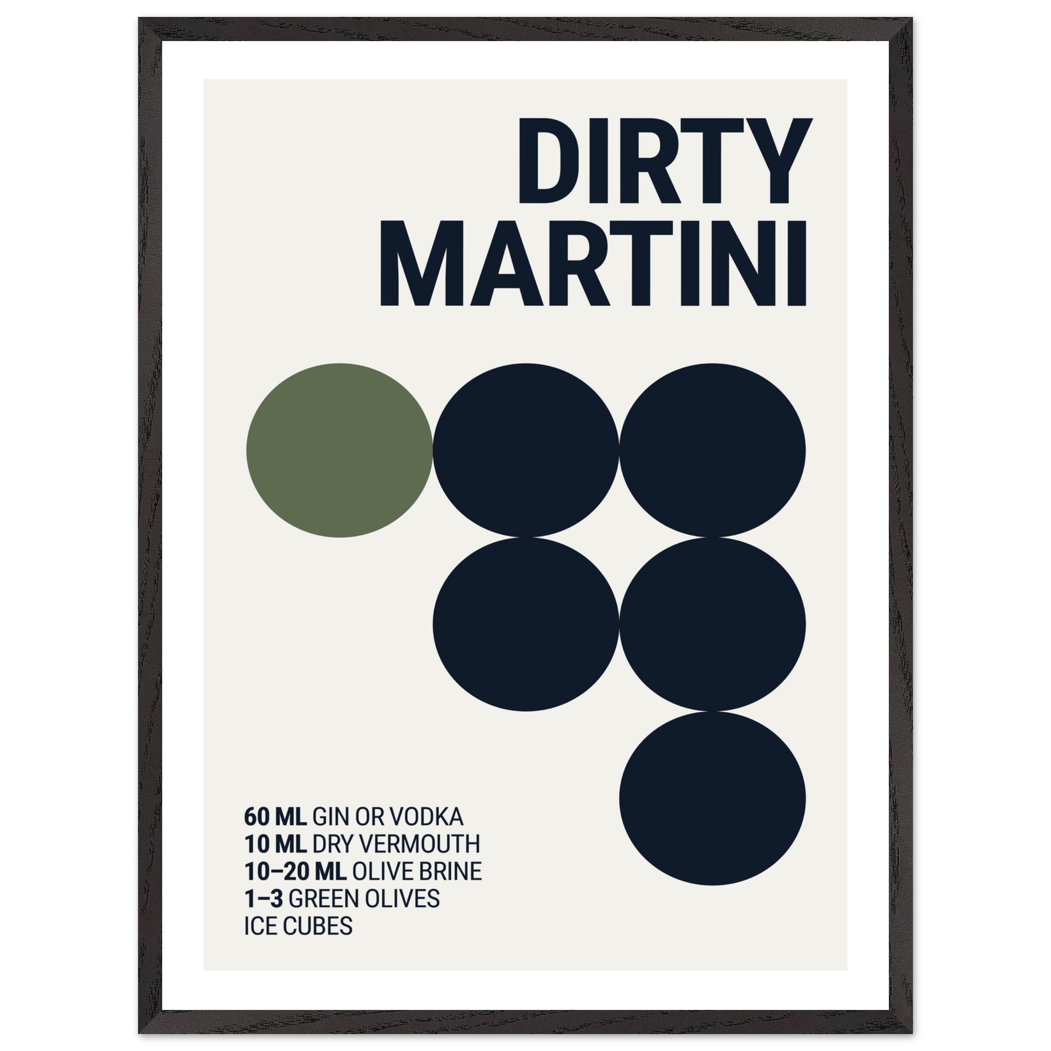 Typography print poster featuring the text "Dirty Martini" and cocktail ingredients in a modern design.
