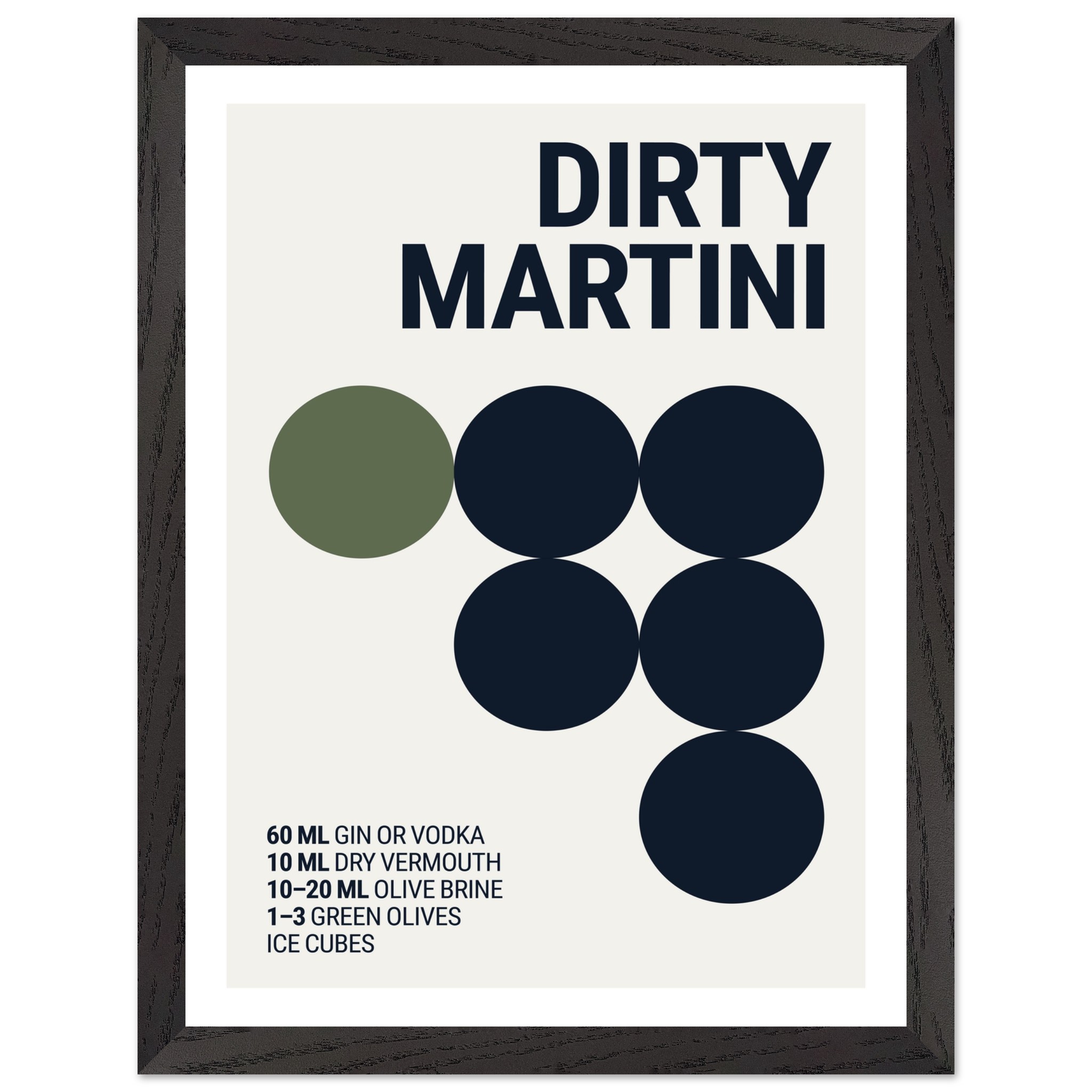 Typography print poster featuring the text "Dirty Martini" and circular graphics representing cocktail ingredients.