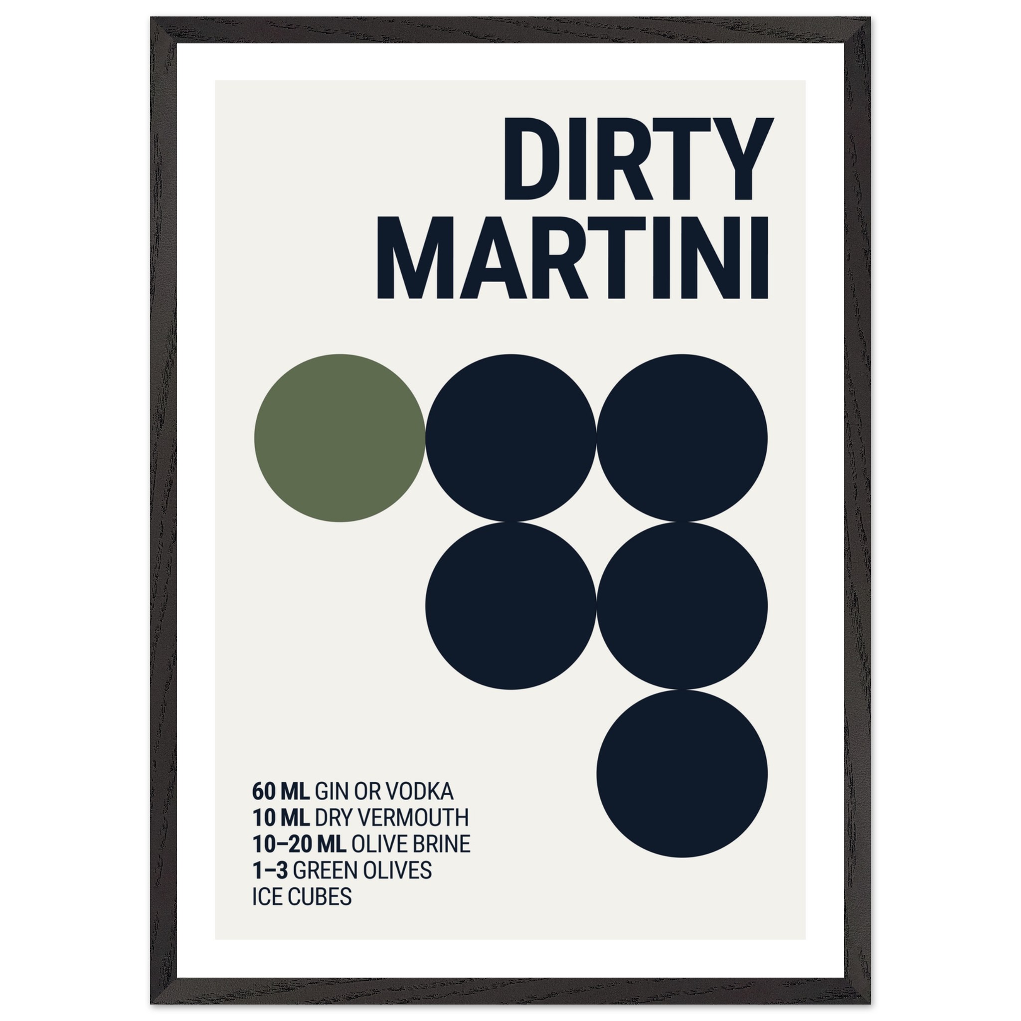 A framed poster featuring the text "DIRTY MARTINI" and circular graphics, with cocktail ingredient measurements listed below.