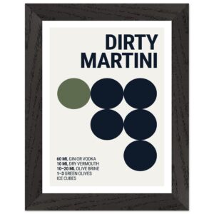 Framed poster featuring a minimalist design with text and circles representing ingredients for a Dirty Martini cocktail.