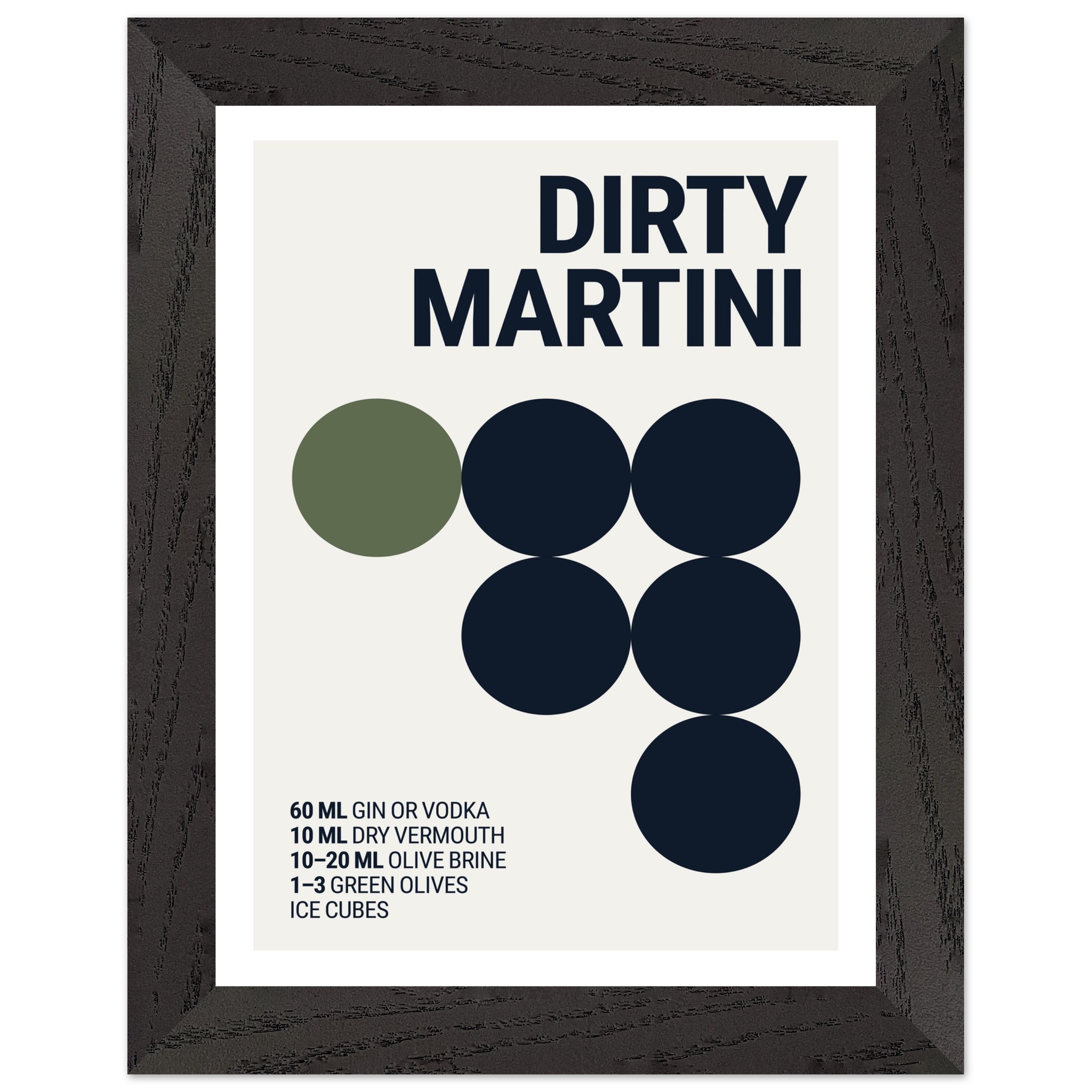 Framed poster featuring a minimalist design with text and circles representing ingredients for a Dirty Martini cocktail.