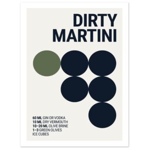 Typography print poster featuring a dirty martini recipe with bold text and simple graphic elements on a light background.