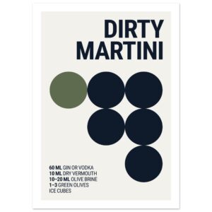 Typography print poster featuring a dirty martini recipe with circles and text on a light background.