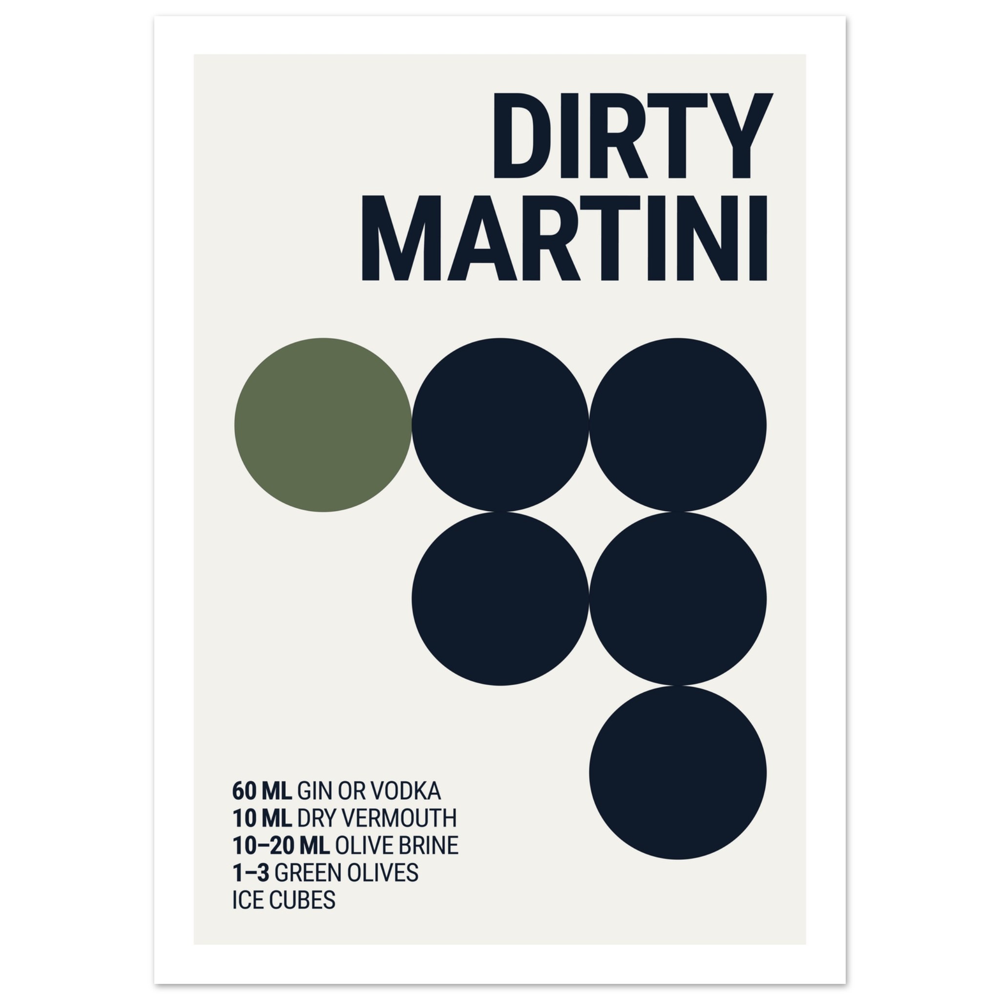 Typography print poster featuring a dirty martini recipe with circles and text on a light background.