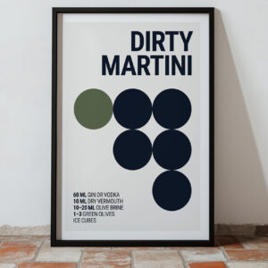 Typography print poster featuring the text "DIRTY MARTINI" and graphic circles in navy and green on a white background.