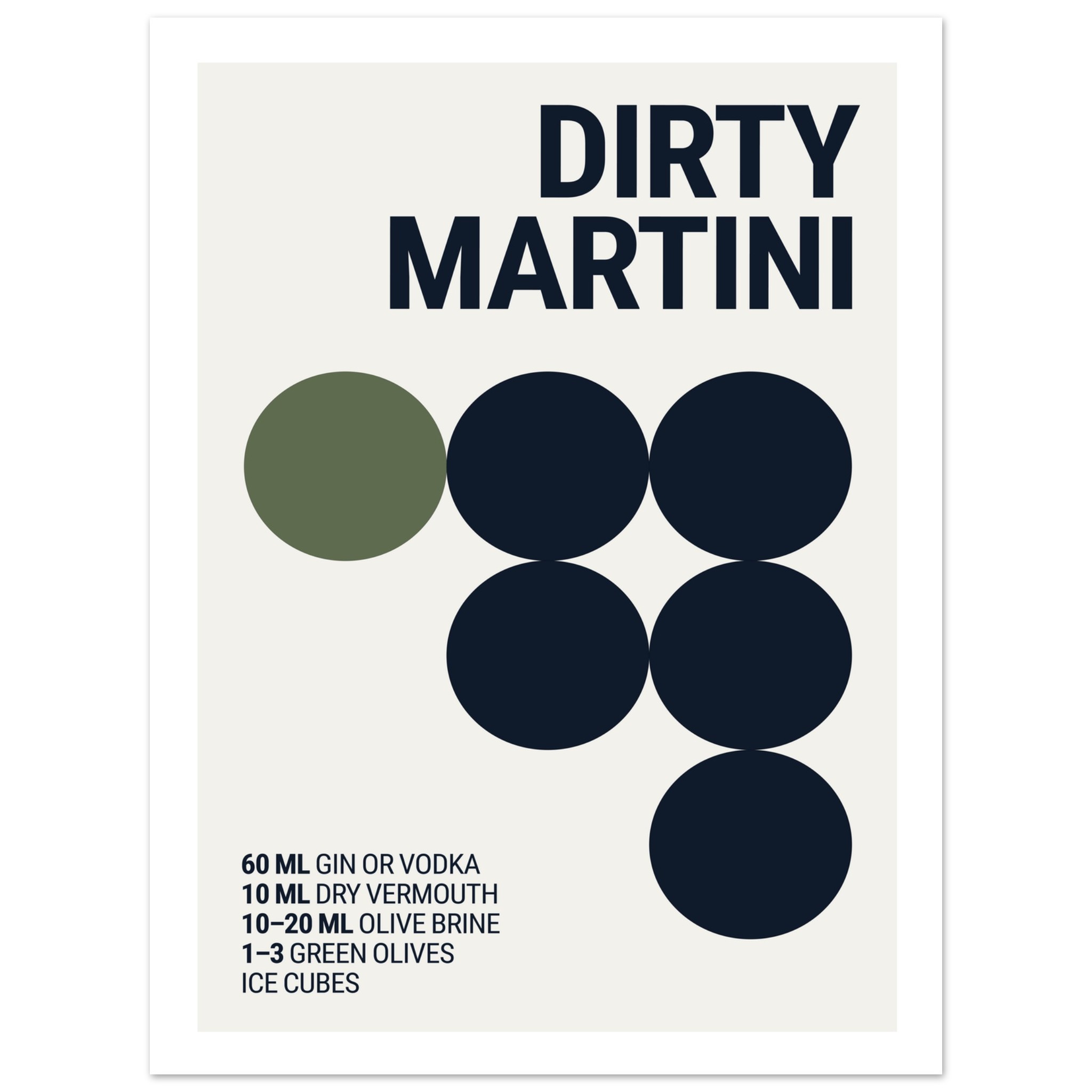 A poster featuring the text "DIRTY MARTINI" with cocktail ingredients listed and graphic circles in various colors.