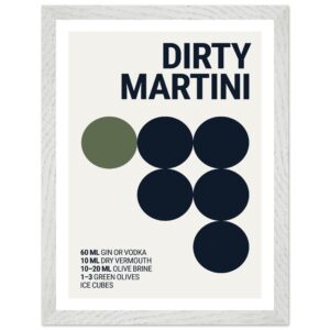 Typography print poster featuring a dirty martini recipe with black circles and text on a light background.