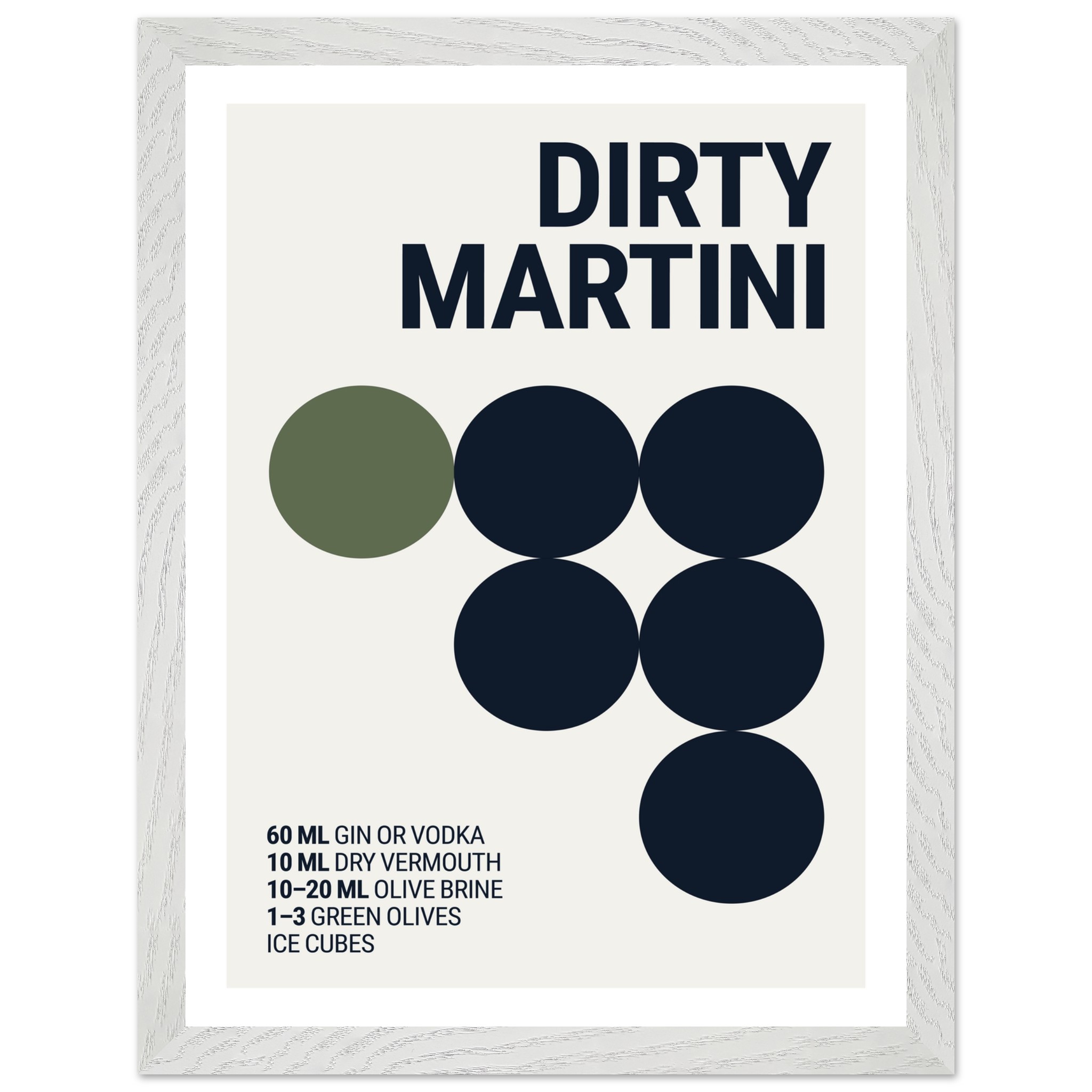 Typography print poster featuring a dirty martini recipe with black circles and text on a light background.