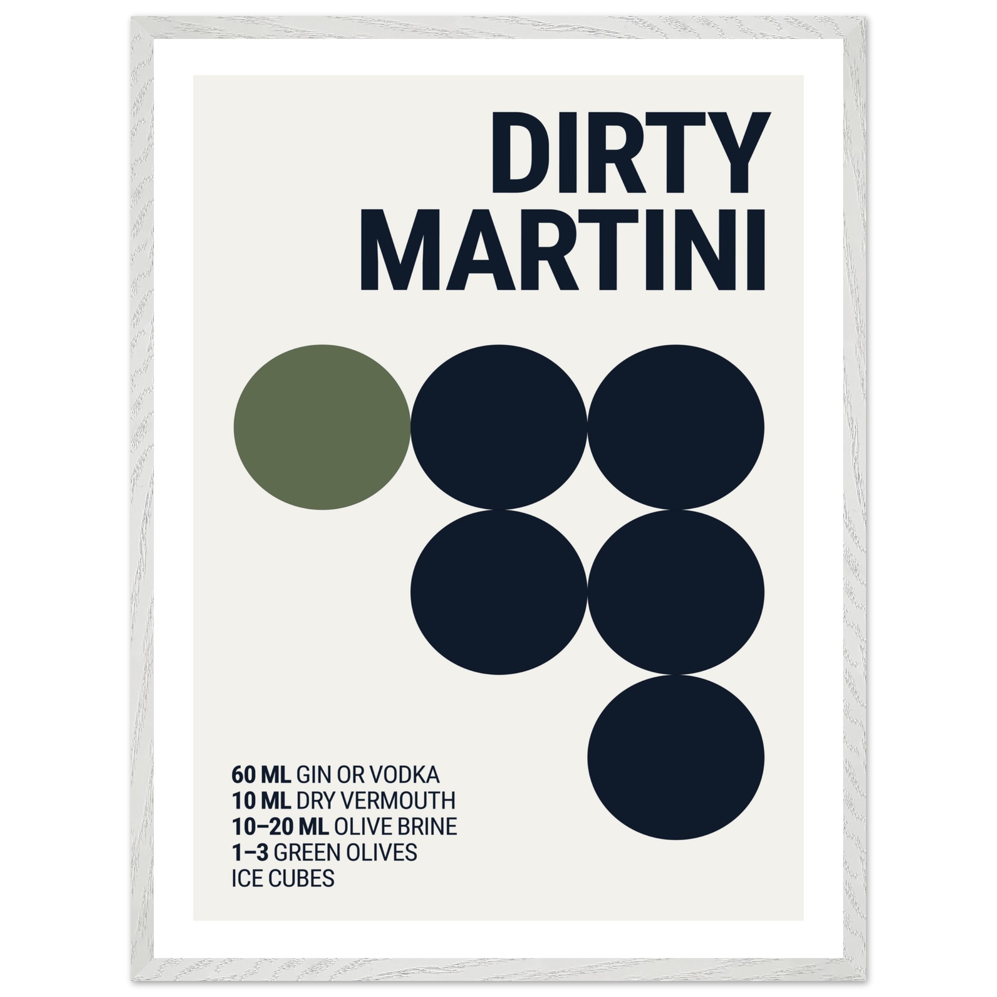 Typography print poster featuring a dirty martini recipe with black circles and text on a light background.