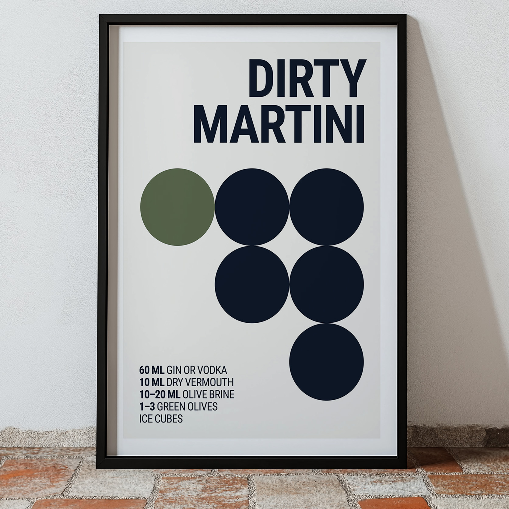 Typography print poster featuring the text "DIRTY MARTINI" and graphic circles in navy and green on a white background.
