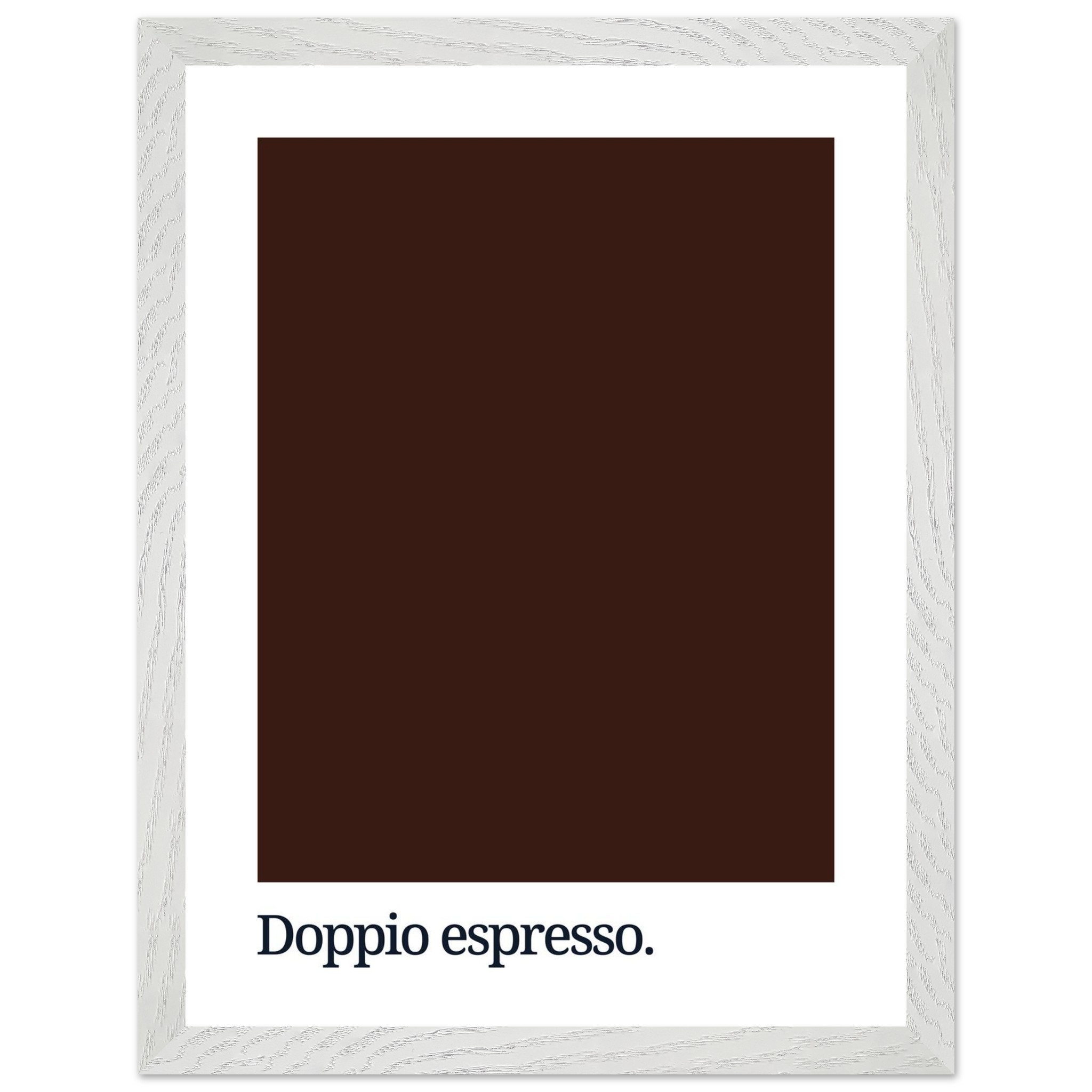 A dark brown color swatch is displayed in a white frame, with the text "Doppio espresso." in bold black typography at the bottom.