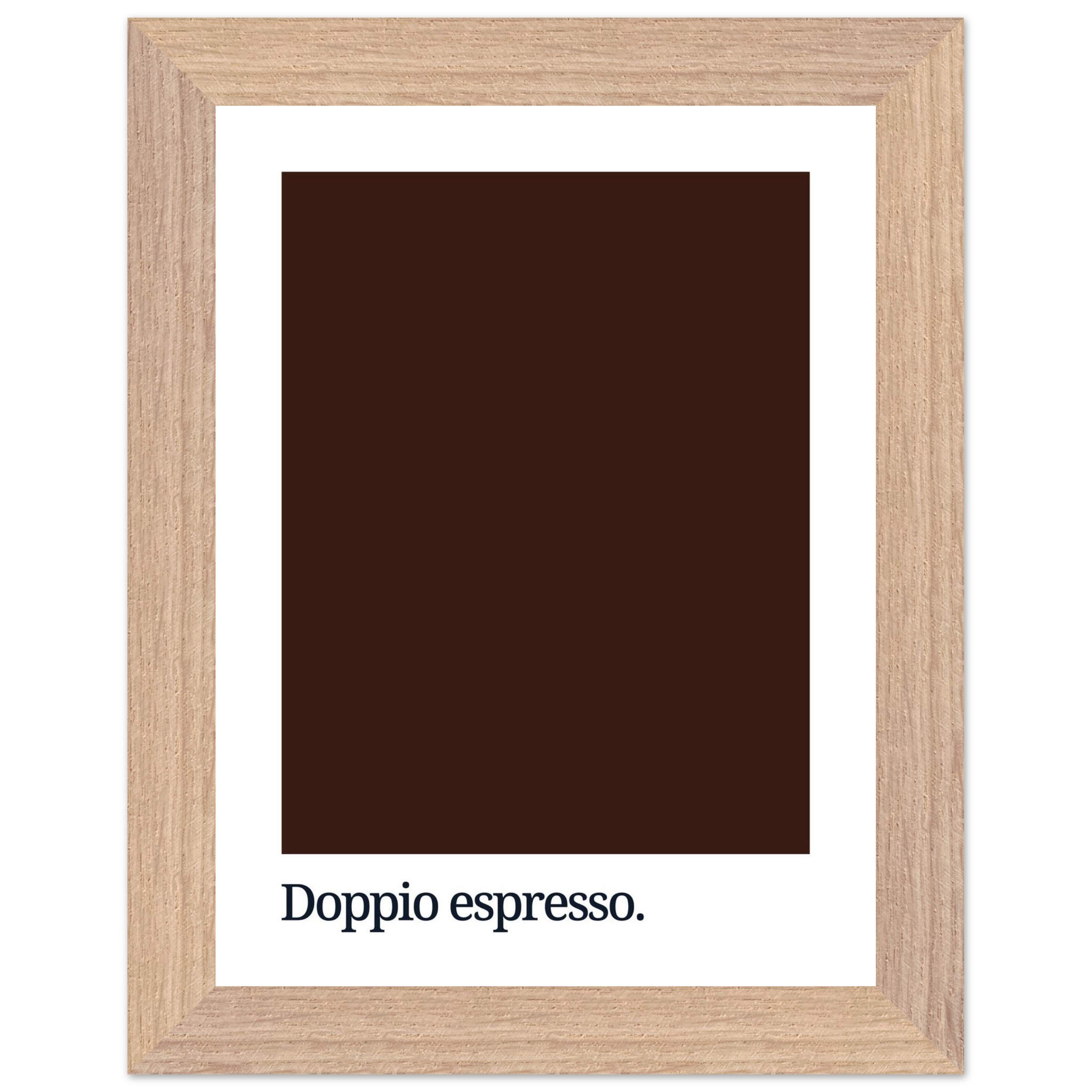 Framed print featuring a dark brown color swatch with the text "Doppio espresso." in a modern font at the bottom, set against a white background.