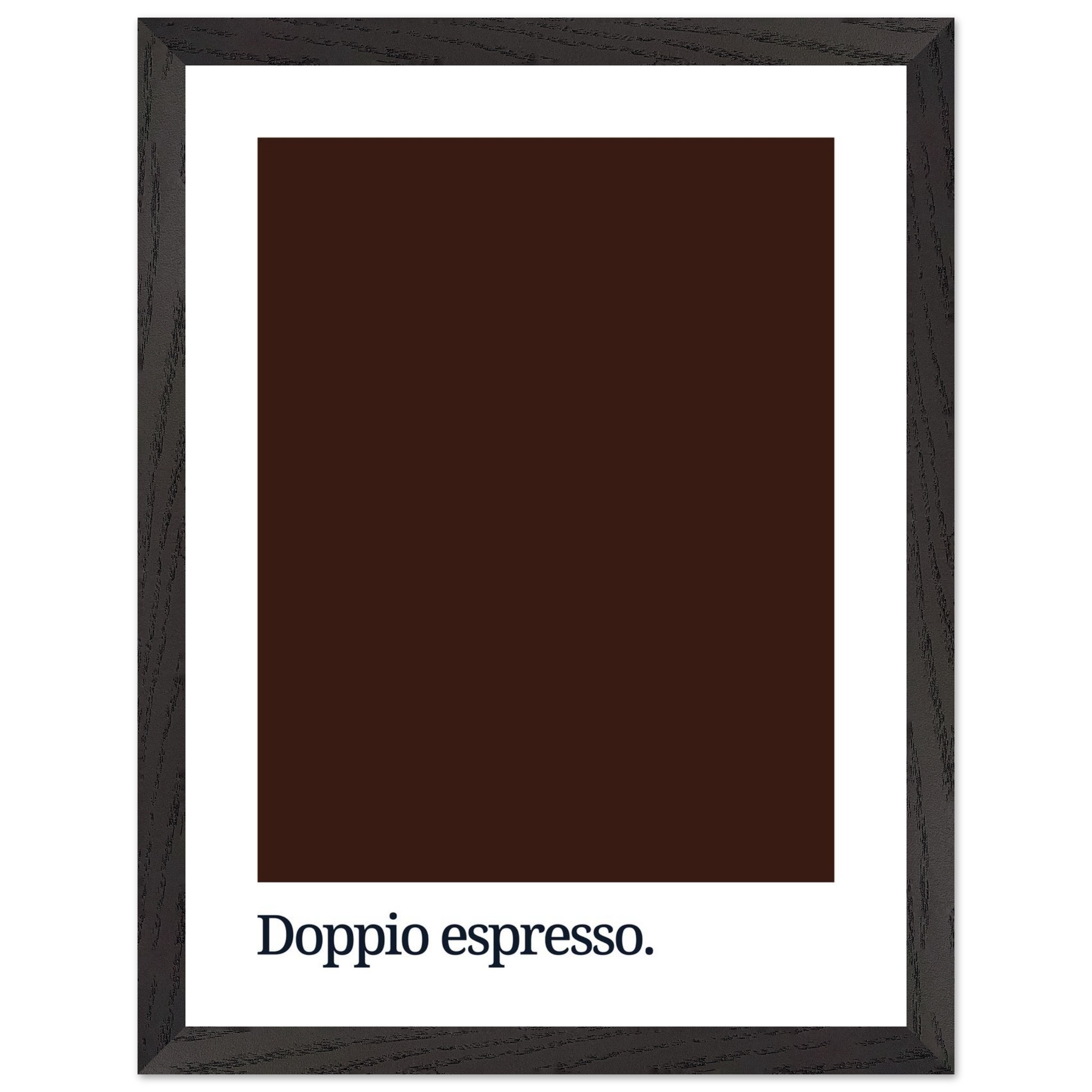 A dark brown color swatch is framed in black, with the text "Doppio espresso." in bold, modern typography at the bottom on a white background.