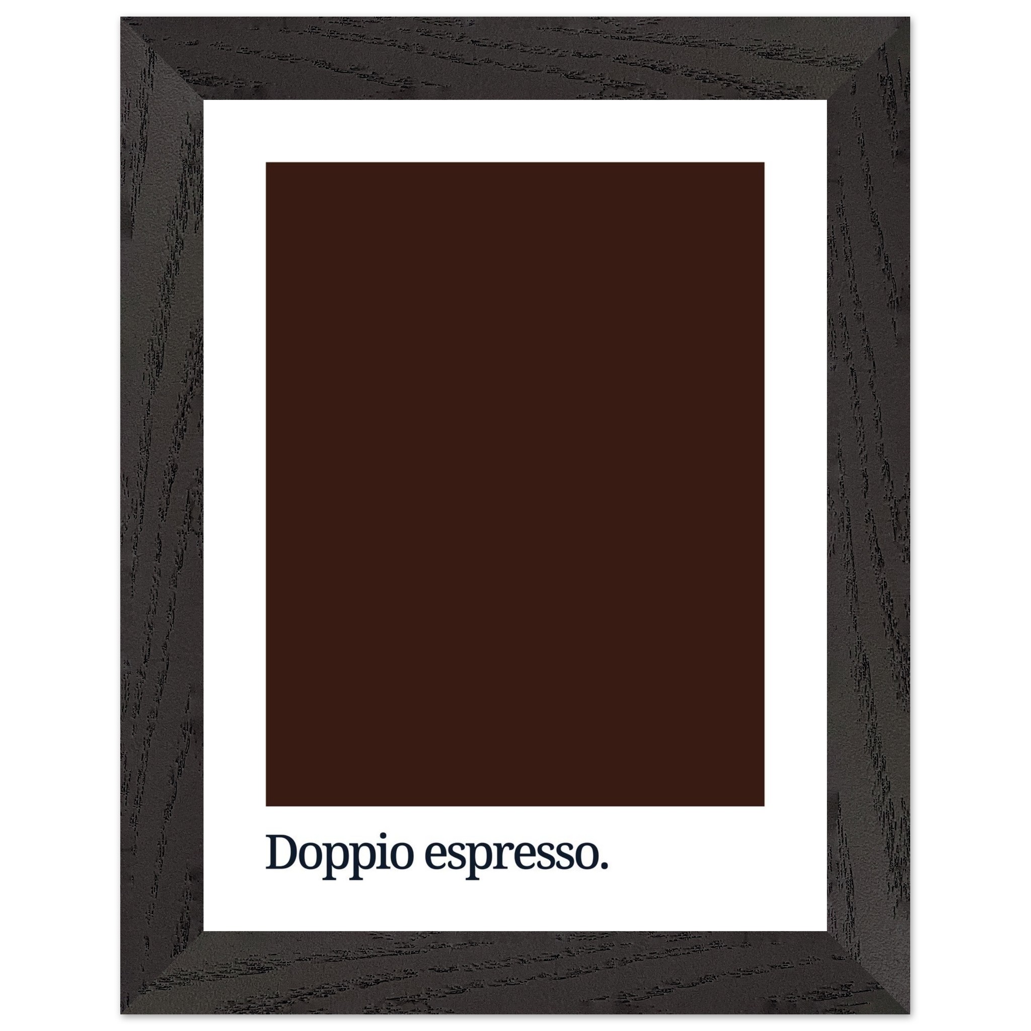 Framed print featuring a dark brown color swatch with the text "Doppio espresso." in a modern sans-serif font at the bottom, set against a white background.