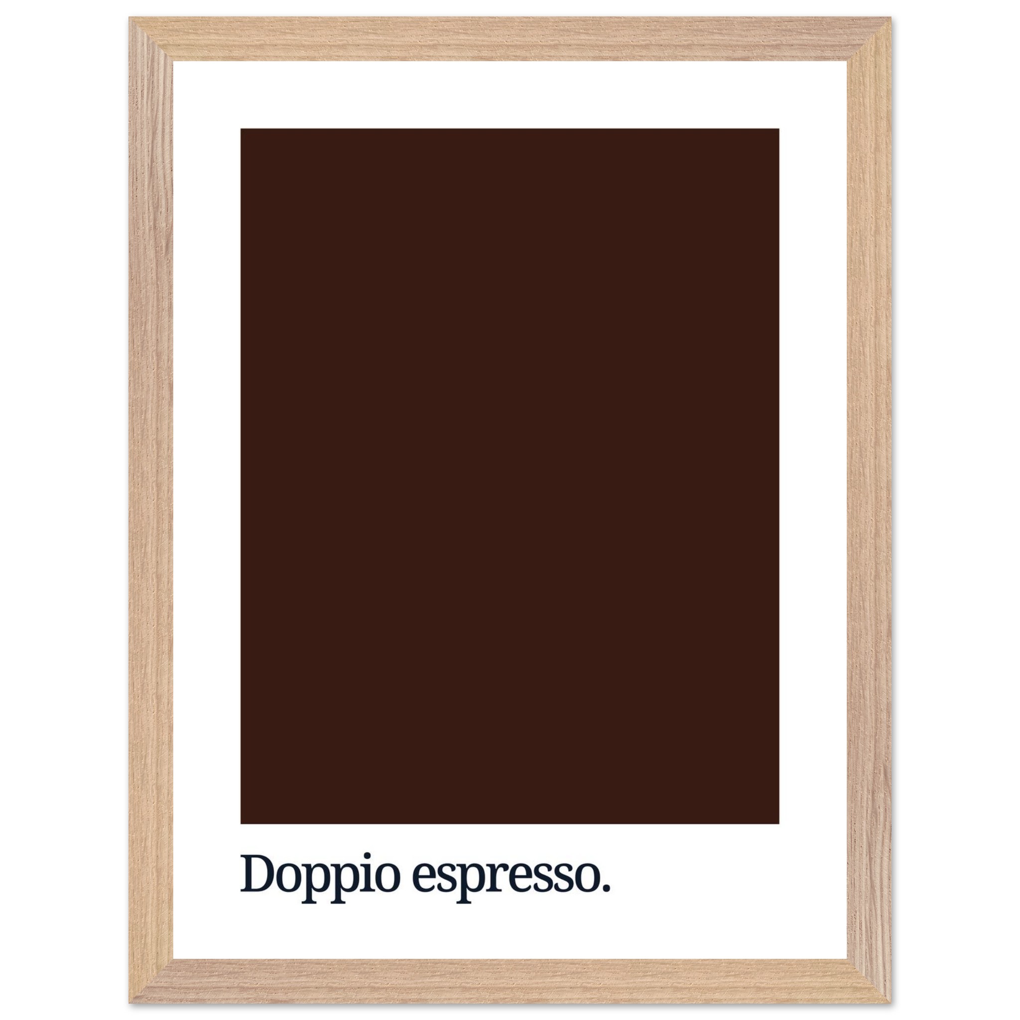 A dark brown color swatch with the text "Doppio espresso." printed in black on a white background, framed in a light wood frame.