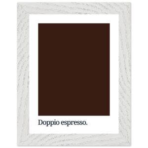 A dark brown color swatch is centered on a white background, framed by a textured white frame, with the text