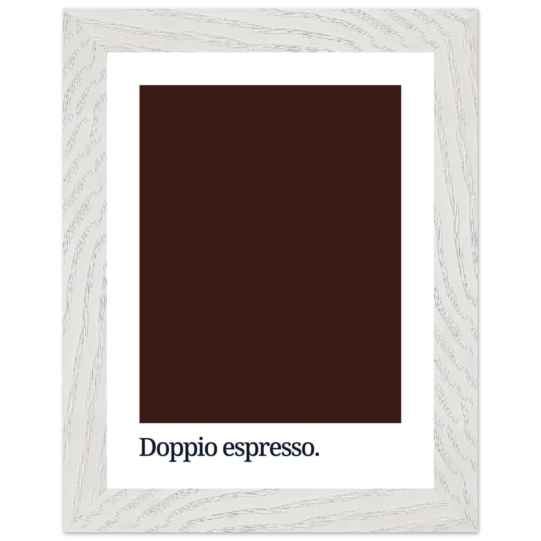 A dark brown color swatch is centered on a white background, framed by a textured white frame, with the text "Doppio espresso." in black at the bottom.