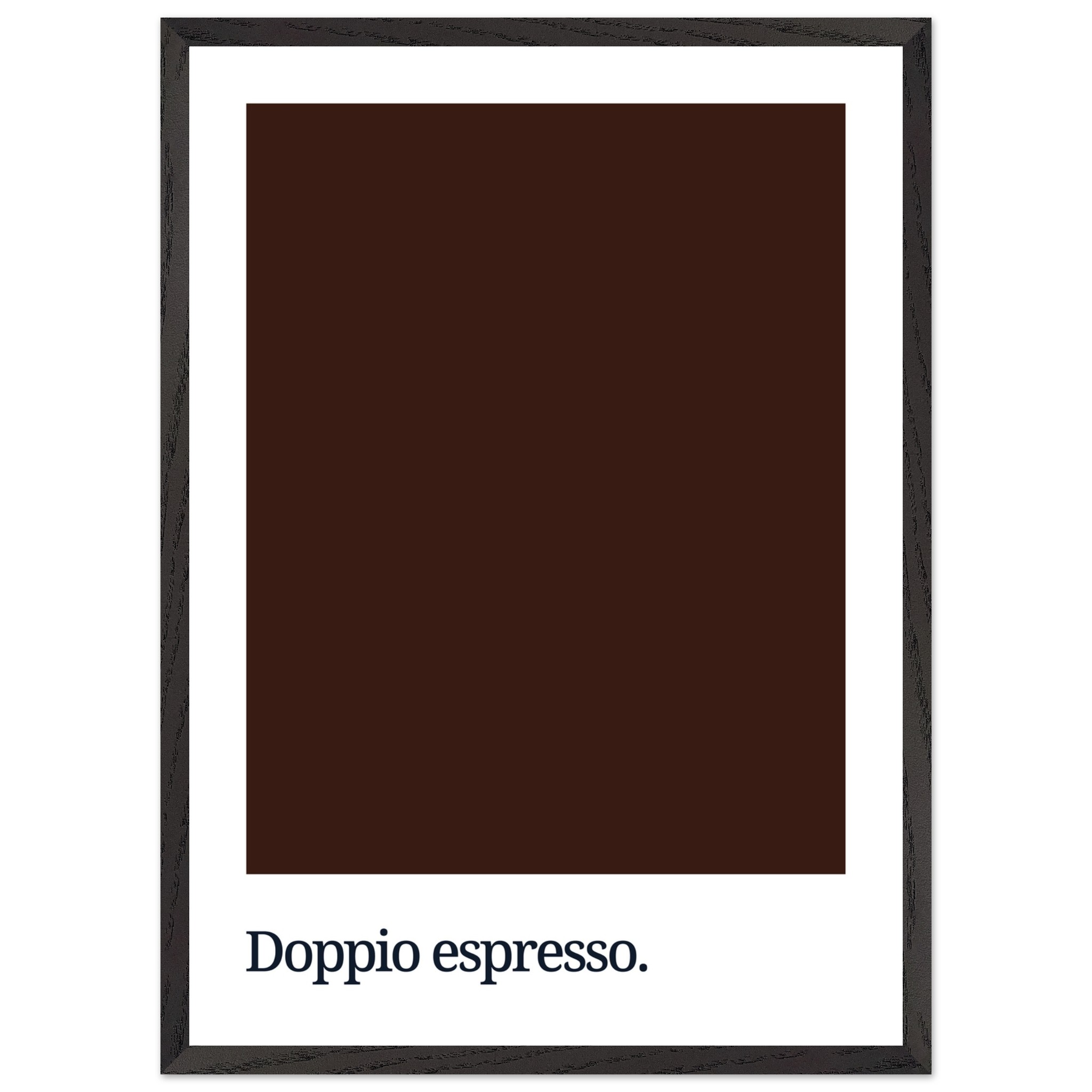 A dark brown color swatch is centered in a white frame, with the text "Doppio espresso." in black typography at the bottom.