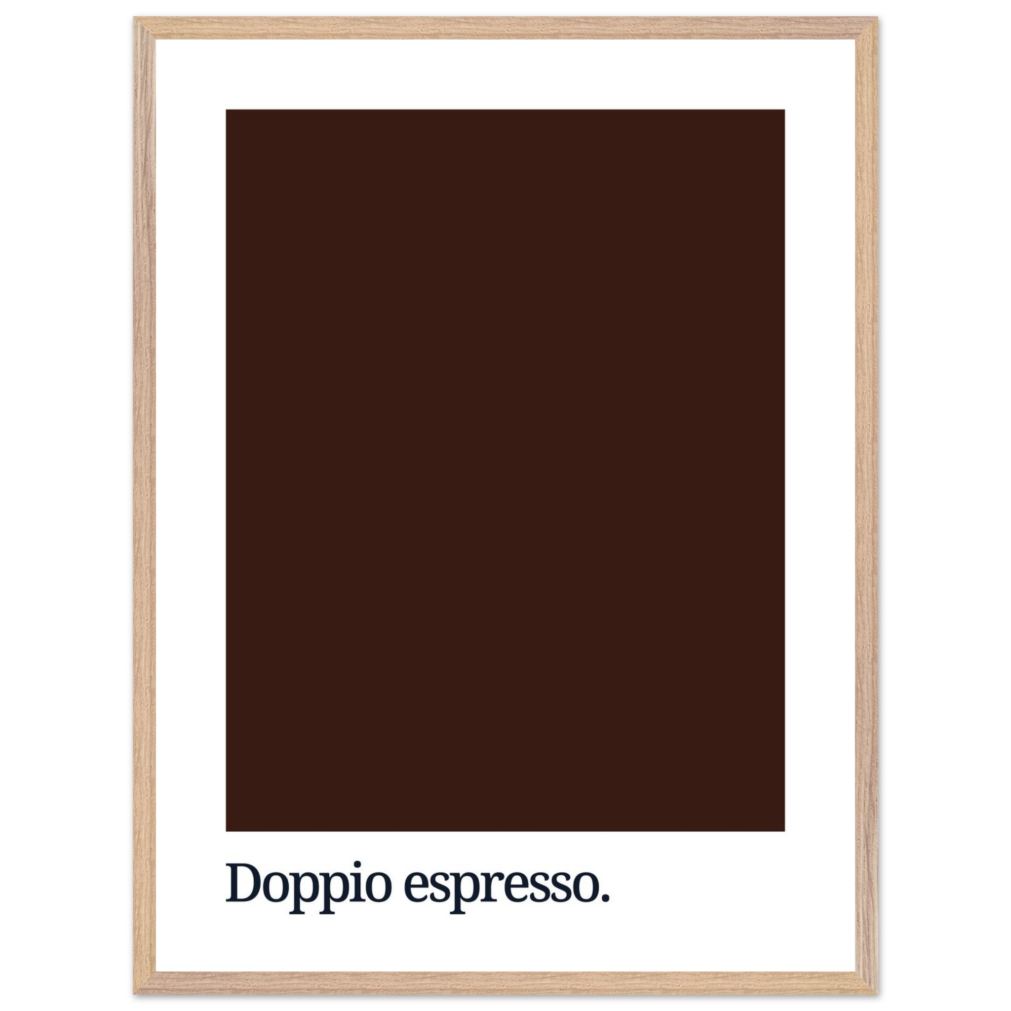 A dark brown color swatch with the text "Doppio espresso." in a modern font, framed in a light wood frame against a white background.