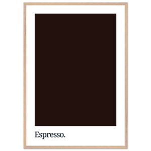 A framed print featuring a dark espresso brown background with the word
