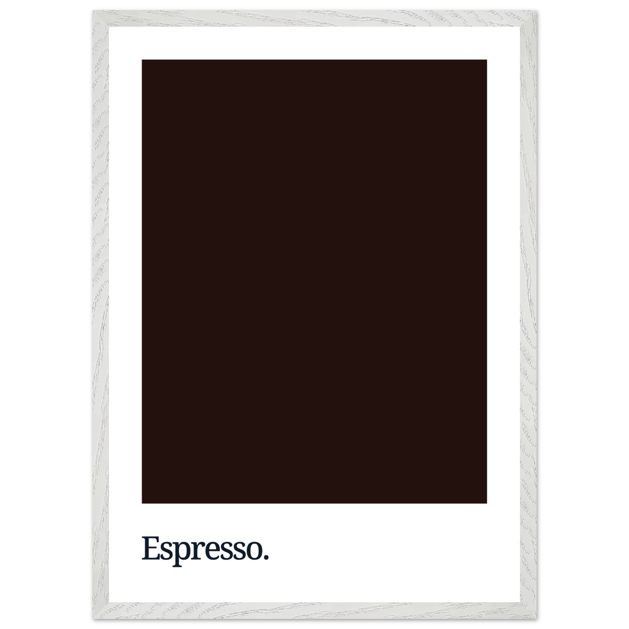 A dark brown poster featuring the word "Espresso." in lowercase black typography, framed with a white border and a textured rope detail.