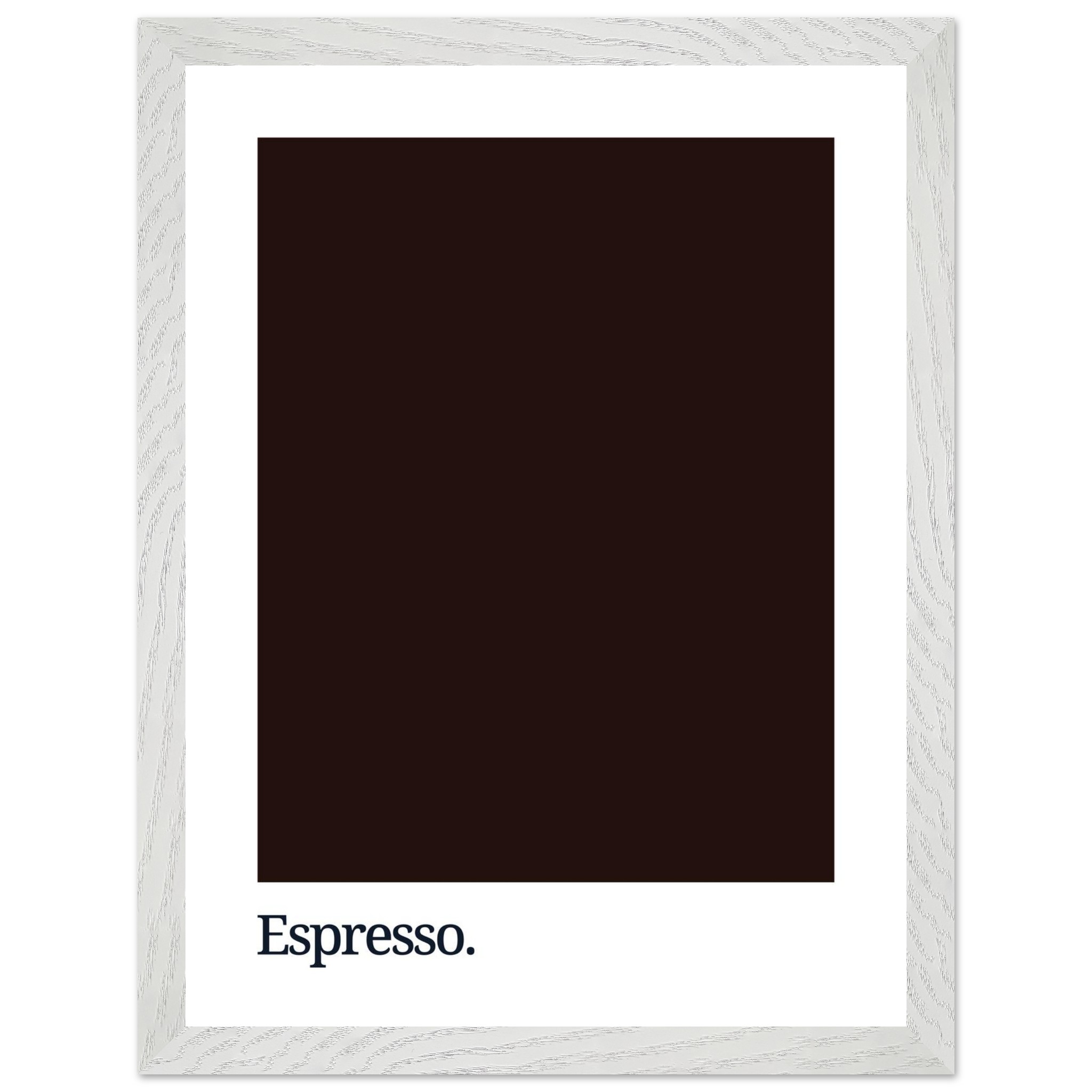 A dark brown typography print featuring the word "Espresso." at the bottom, framed in a light wood frame with a white border.