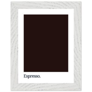 A framed print featuring a dark brown square with the word
