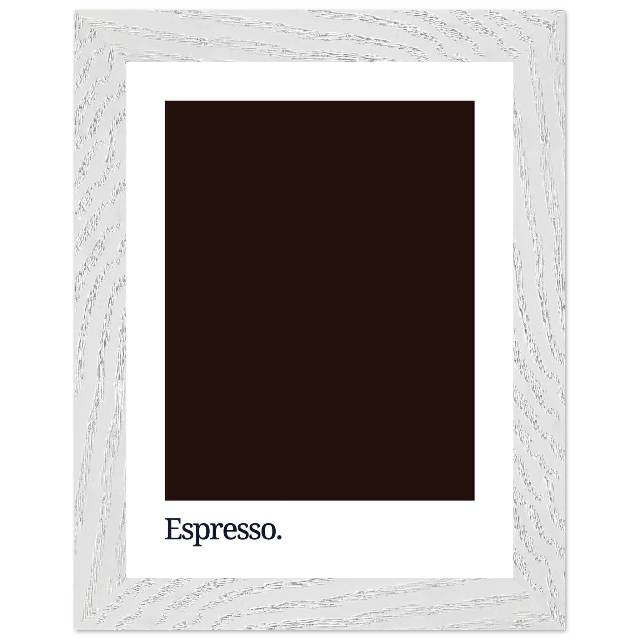 A framed print featuring a dark brown square with the word "Espresso." in white typography at the bottom, set against a textured white frame.