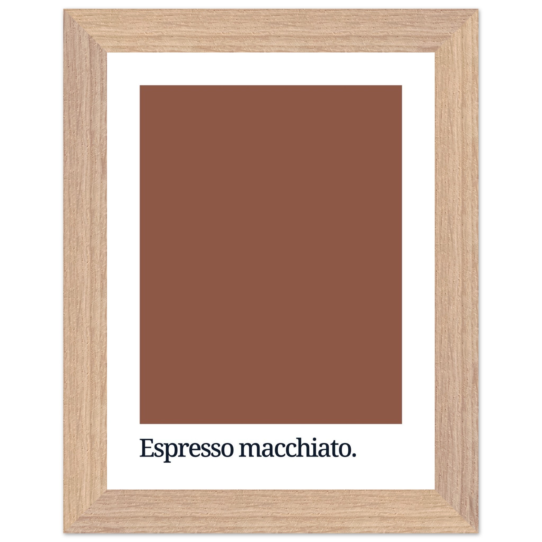 Framed wall art featuring a solid brown color swatch with the text "Espresso macchiato" in a modern, sans-serif font at the bottom, set against a white background.