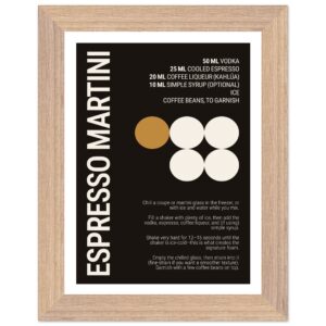 Typography print featuring recipe for Espresso Martini cocktail, black and brown design.
