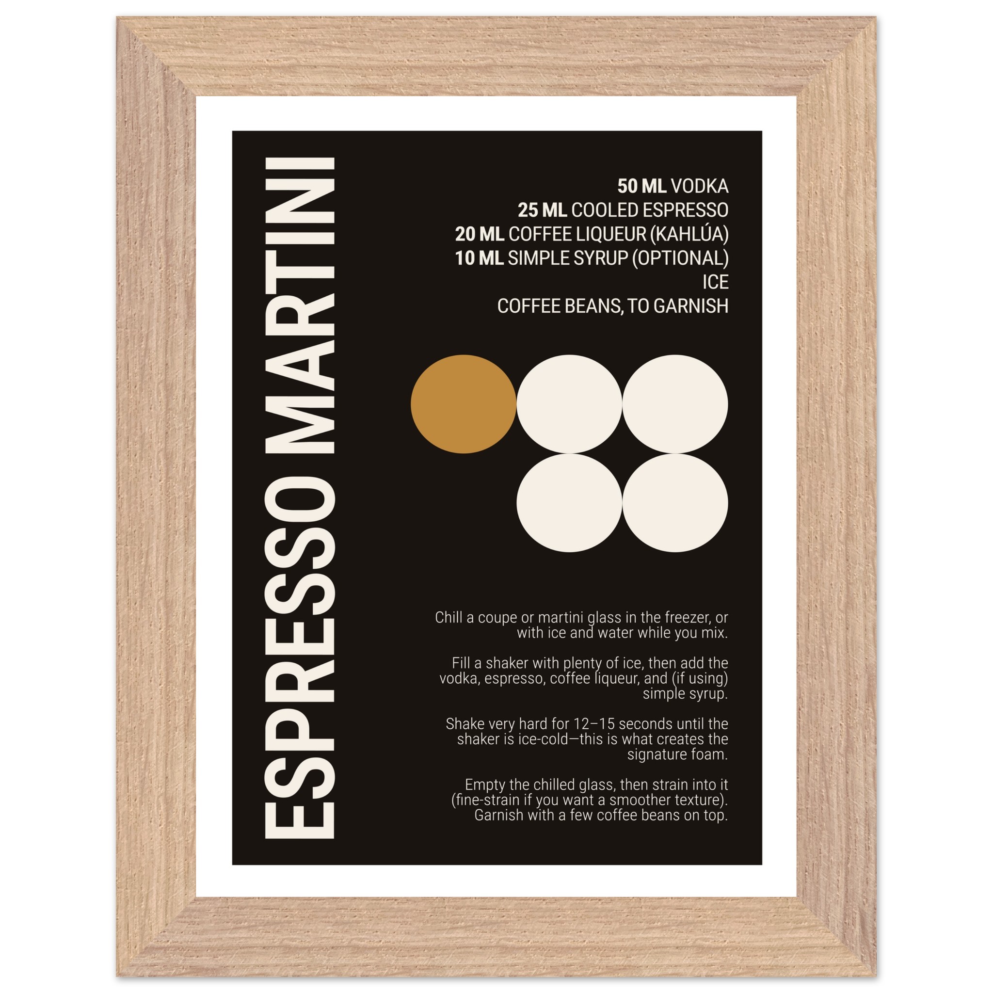 Typography print featuring recipe for Espresso Martini cocktail, black and brown design.