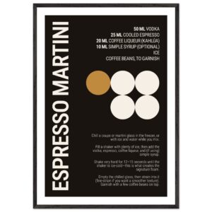 Typography print poster featuring espresso martini recipe on a black background.