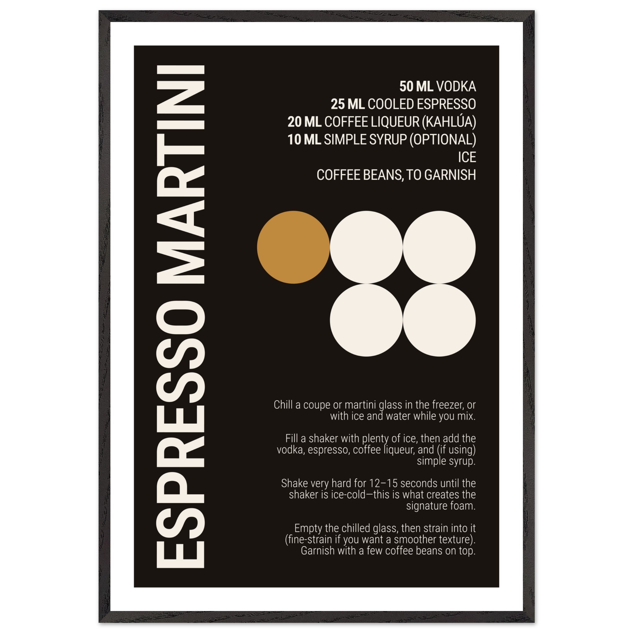 Typography print poster featuring espresso martini recipe on a black background.